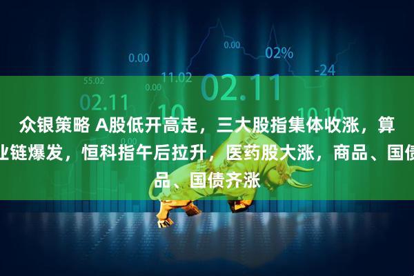 众银策略 A股低开高走，三大股指集体收涨，算力产业链爆发，恒科指午后拉升，医药股大涨，商品、国债齐涨